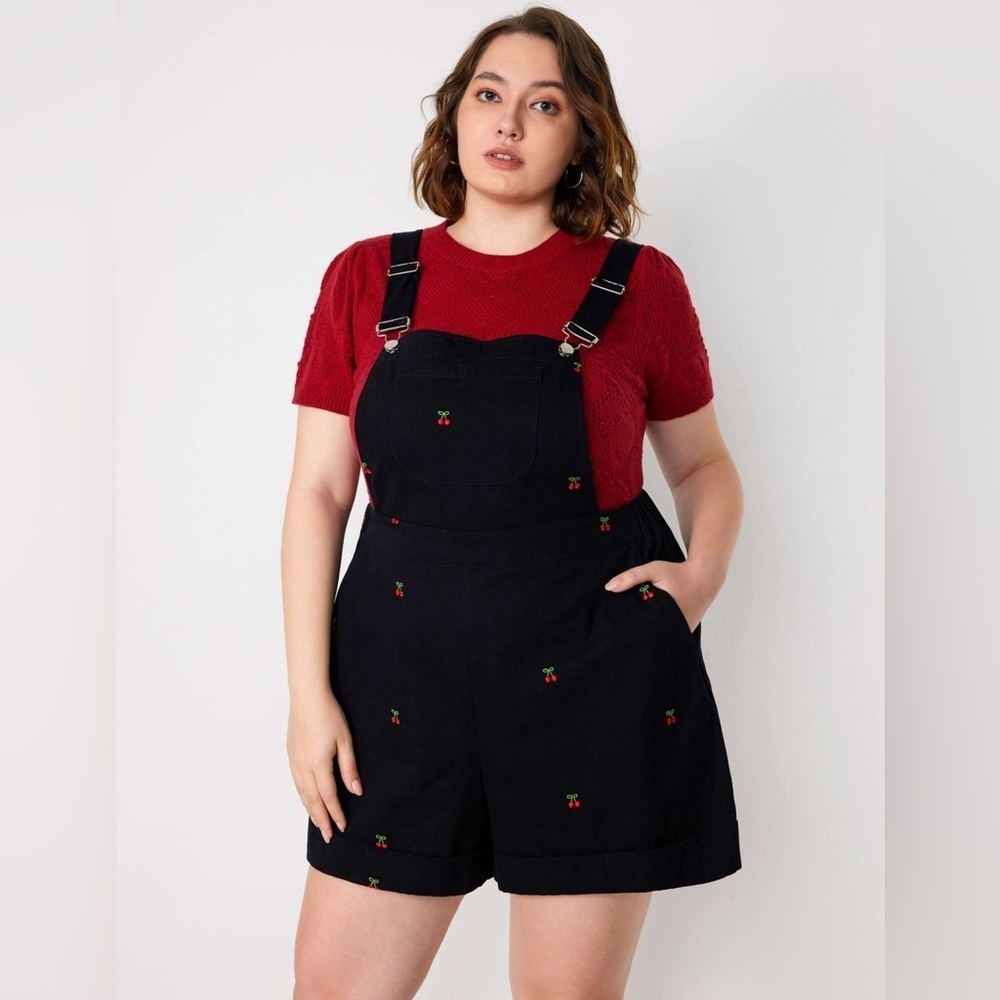 Cider Plus size Cherry Embroidery Pocket Buckle up romper size 3X in black